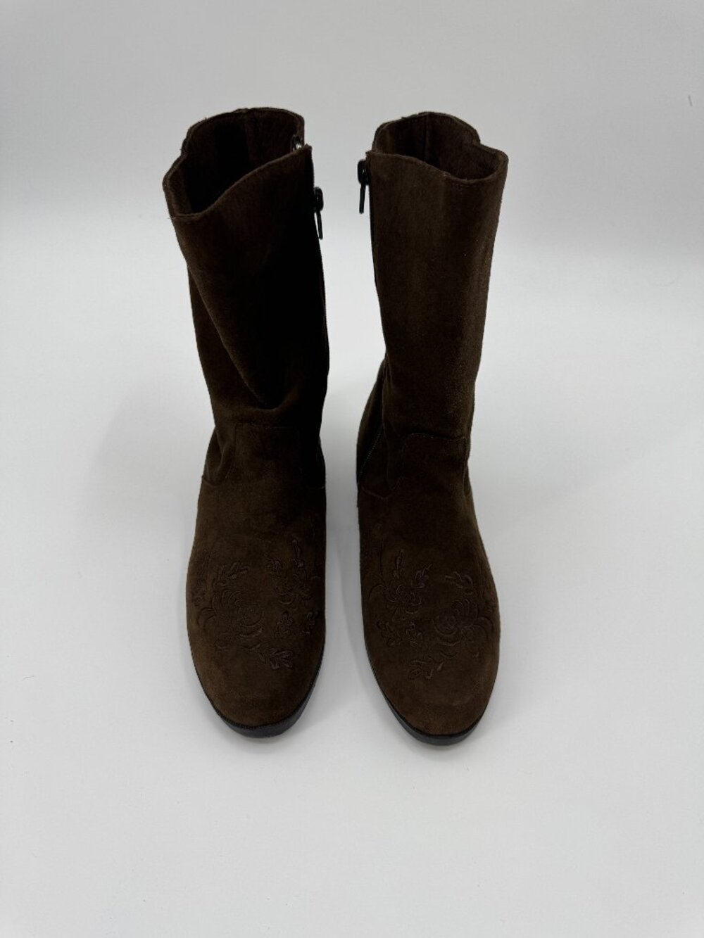 Vintage Jack Sprat Brown Suede Floral Embroidered Mid-Calf Boots Womens Size 8